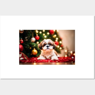 Shih Tzu Puppy by Christmas Tree in Holiday Studio Scene Posters and Art